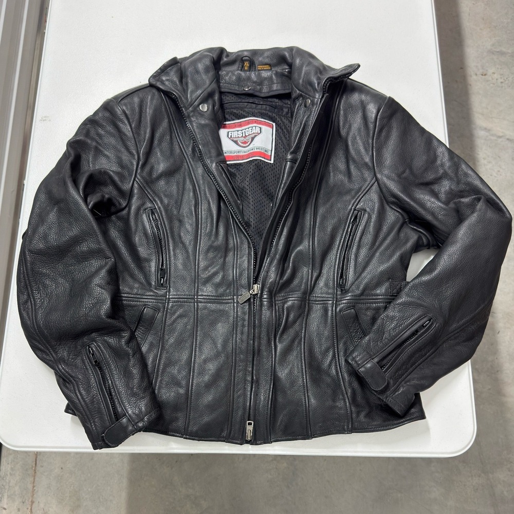 Firstgear Motorcycle Jacket Womens XL Black Excellent Leather Biker Zip Up